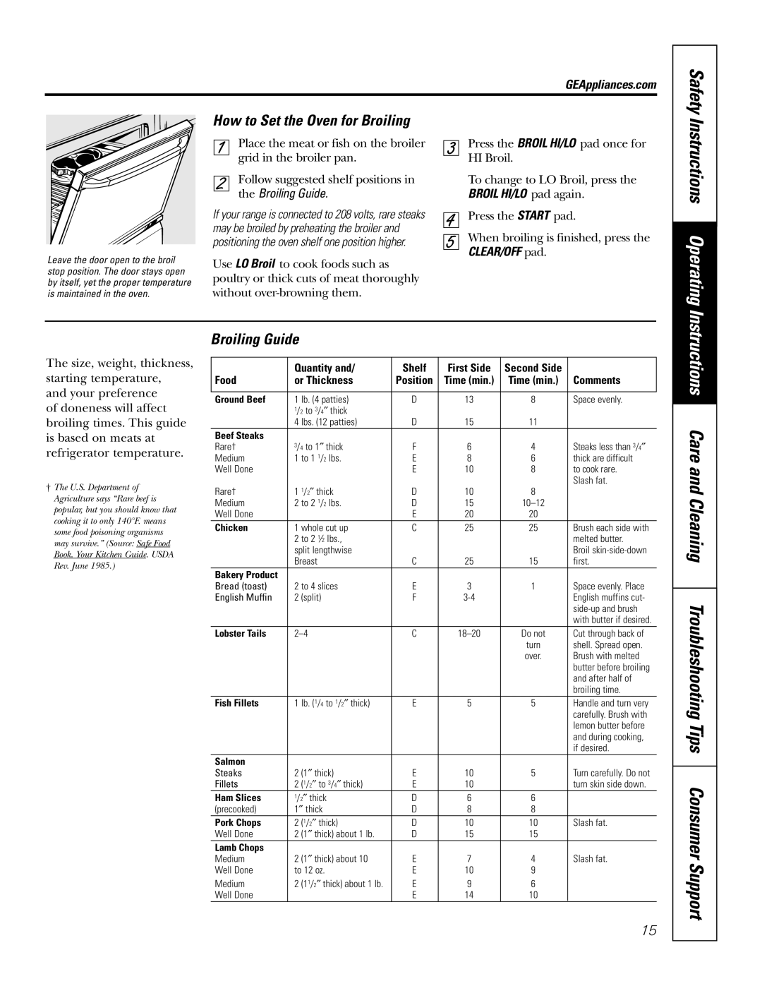 GE JBP82 owner manual Safety, How to Set the Oven for Broiling, Instructions Operating, the Broiling Guide 
