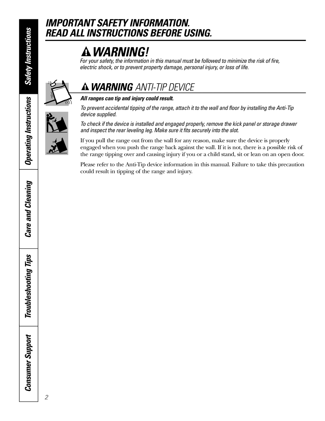 GE JBP82 owner manual Important Safety Information, Read All Instructions Before Using, Warning Anti-Tipdevice 