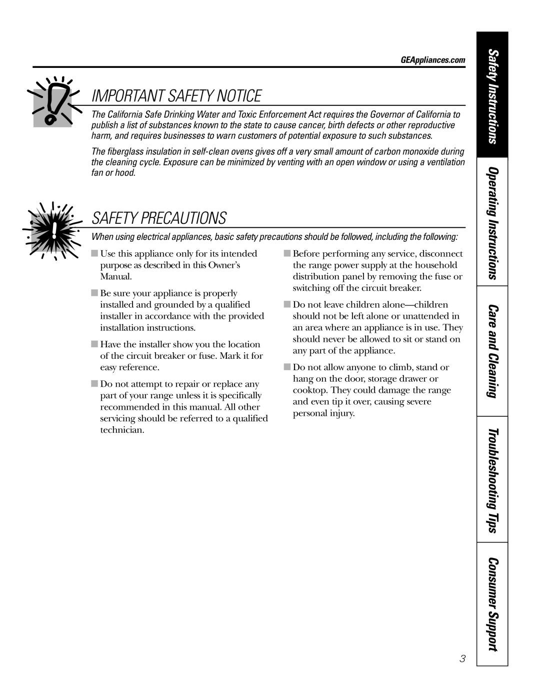 GE JBP82 owner manual Important Safety Notice, Safety Precautions, Safety Instructions Operating 