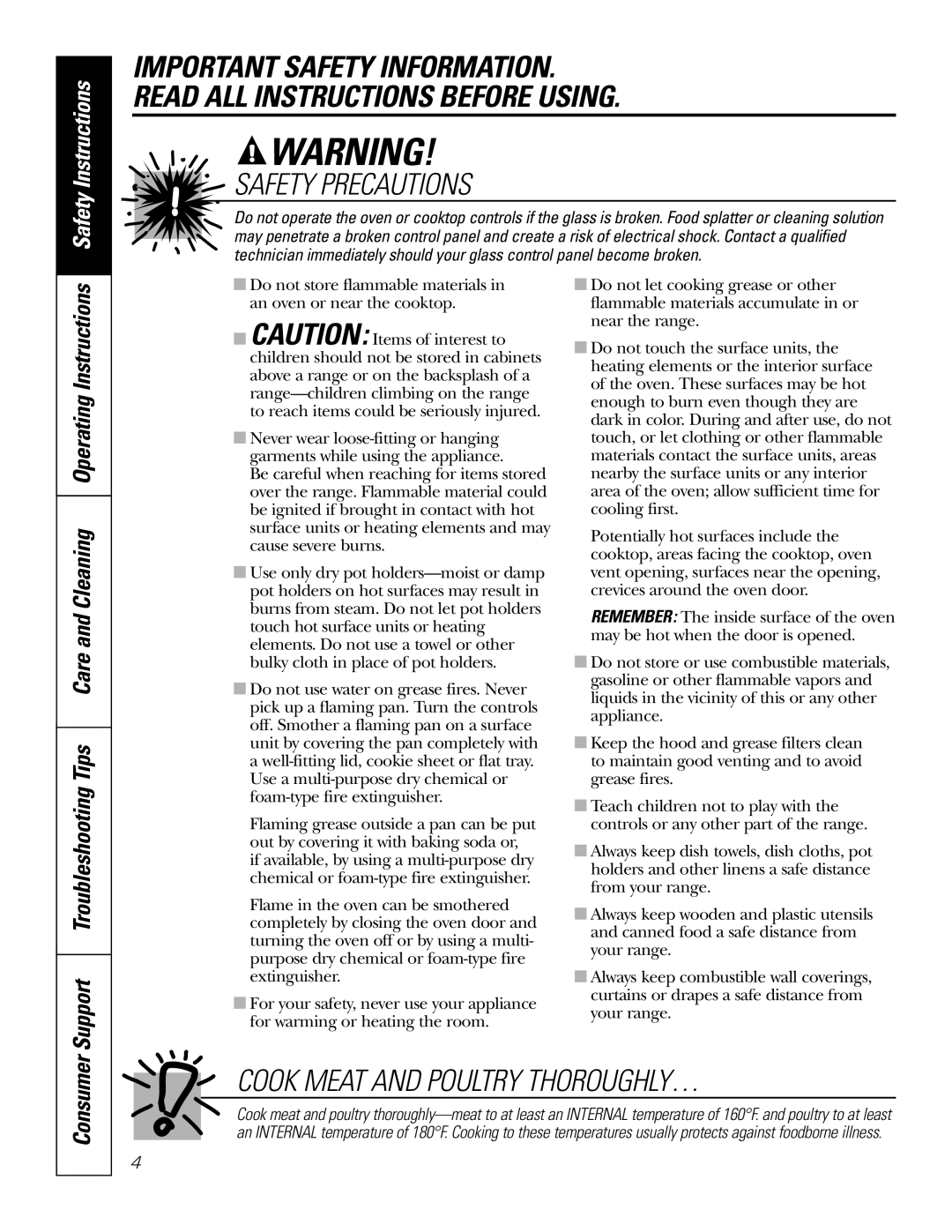 GE JBP82 owner manual Cook Meat And Poultry Thoroughly…, Safety Instructions, Consumer, Important Safety Information 