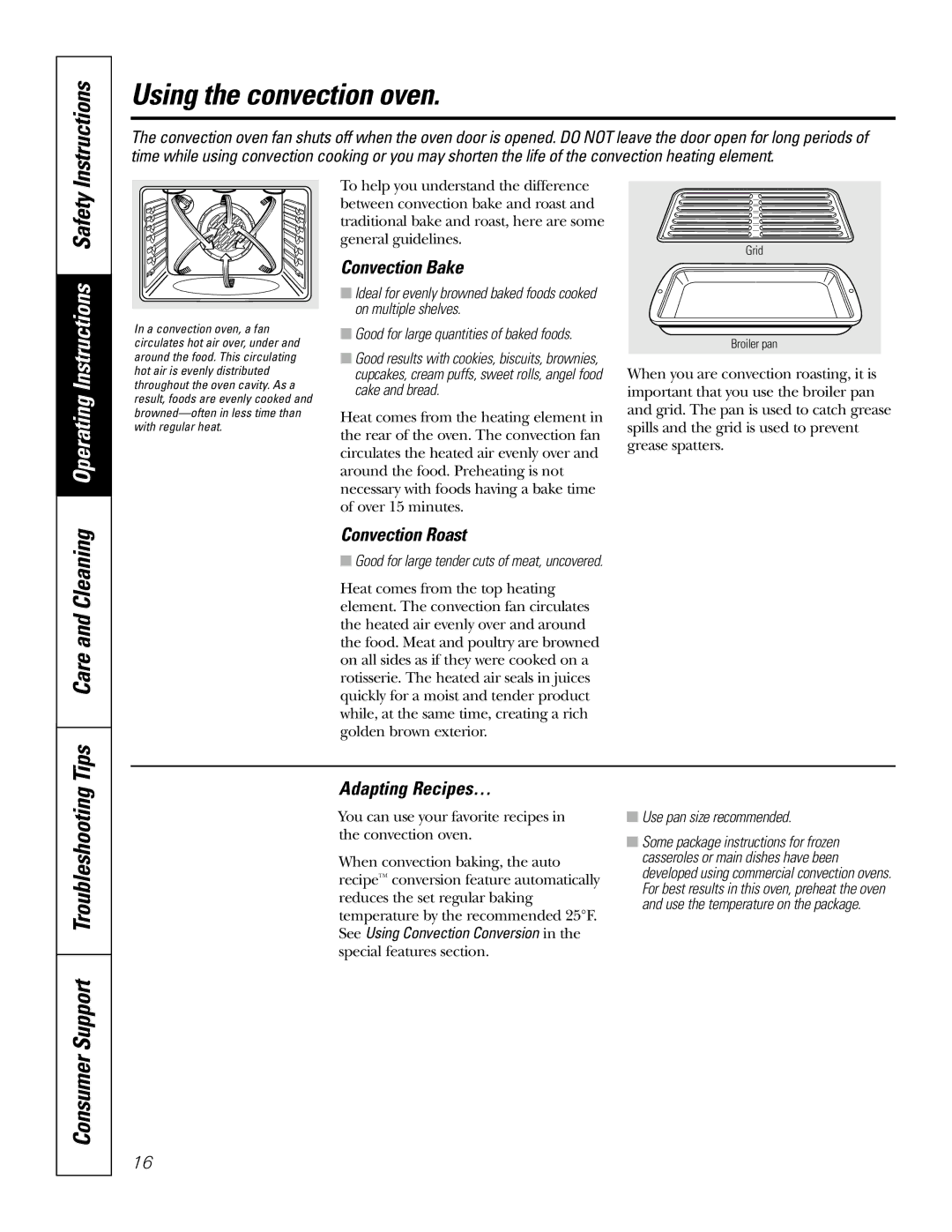 GE JBP84 Using the convection oven, Tips Care and Cleaning, Convection Bake, Convection Roast, Adapting Recipes… 