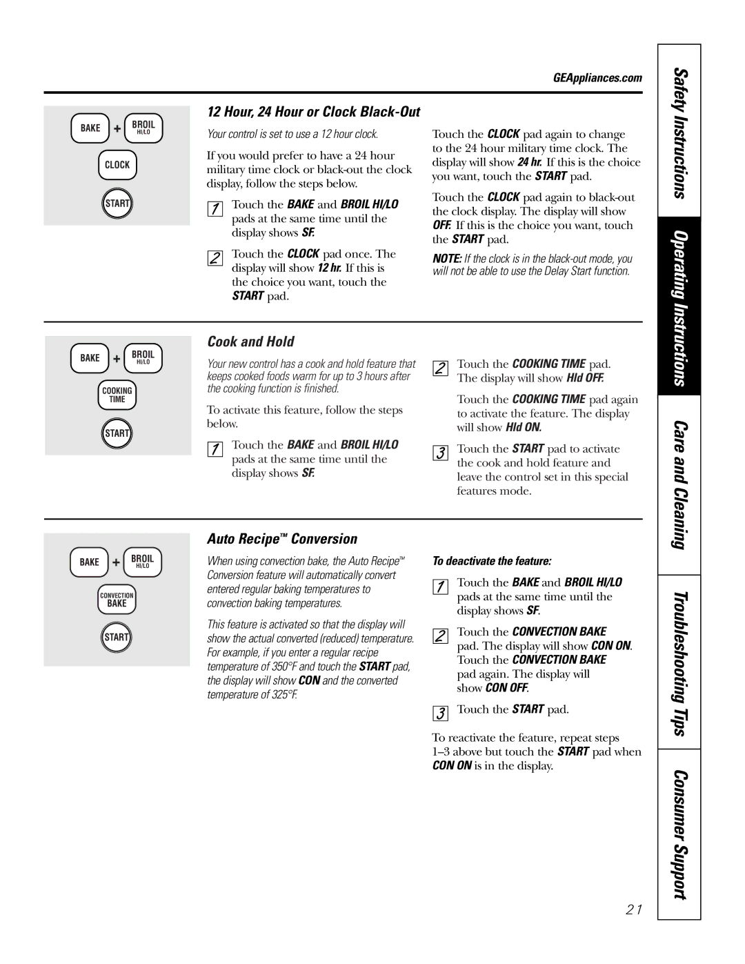 GE JBP84 owner manual Cook and Hold, Auto Recipe Conversion, Start pad, To deactivate the feature 