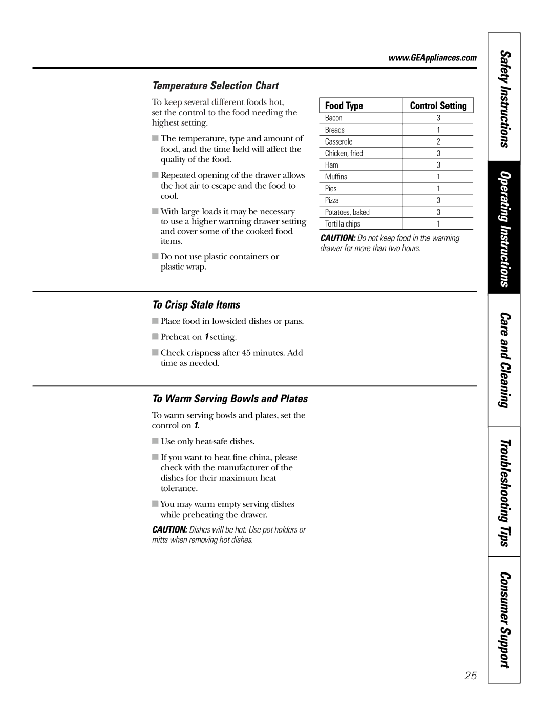 GE JBP84 Care and Cleaning Troubleshooting Tips Consumer Support, Temperature Selection Chart, To Crisp Stale Items 