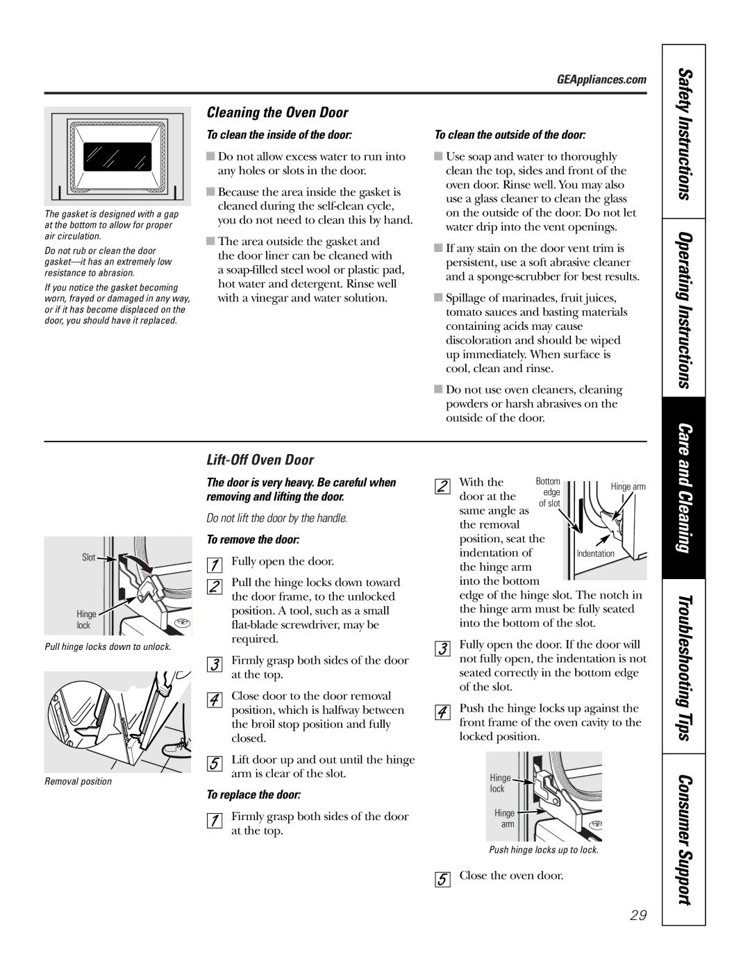 GE JBP84 Cleaning Troubleshooting Tips Consumer, Instructions Operating Instructions Care, Cleaning the Oven Door 