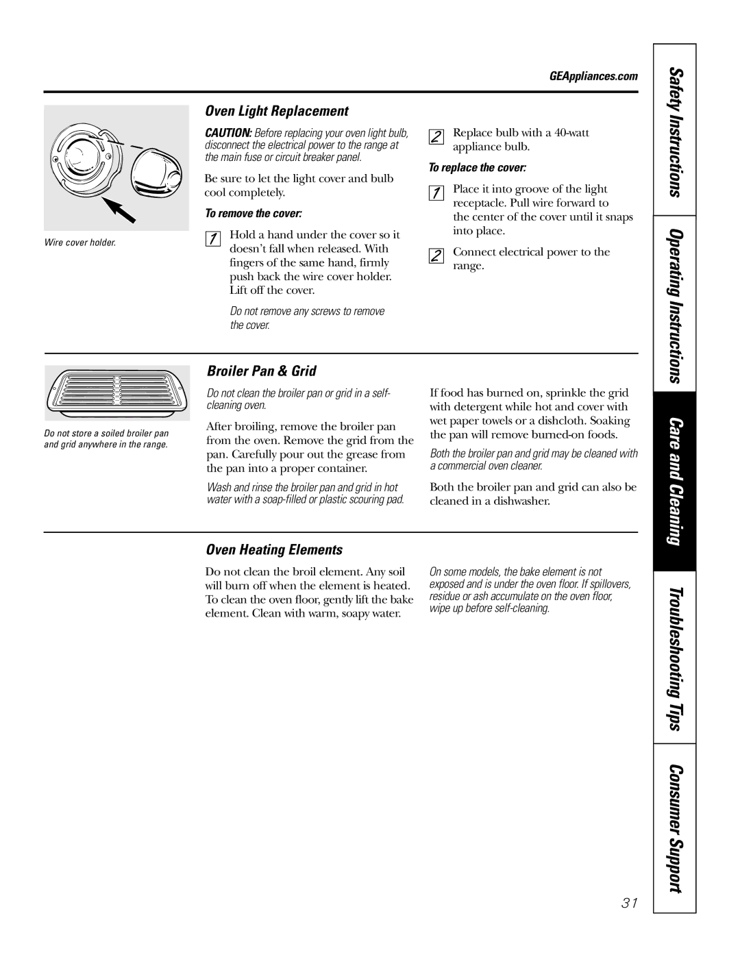 GE JBP84 Instructions Operating Instructions, Oven Light Replacement, Broiler Pan & Grid, Oven Heating Elements 