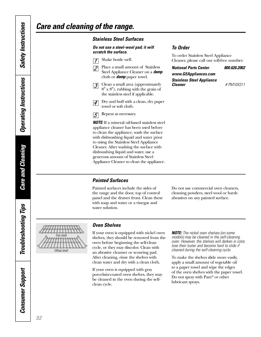 GE JBP84 owner manual Operating Instructions Safety, Stainless Steel Surfaces, To Order, Painted Surfaces, Oven Shelves 