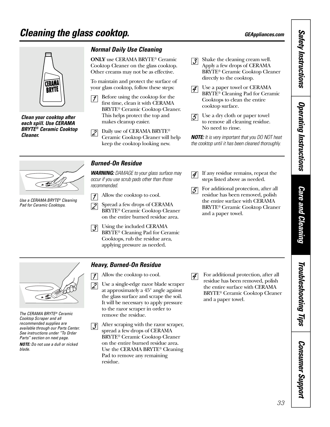 GE JBP84 Cleaning the glass cooktop, Normal Daily Use Cleaning, Instructions Operating Instructions, Burned-On Residue 