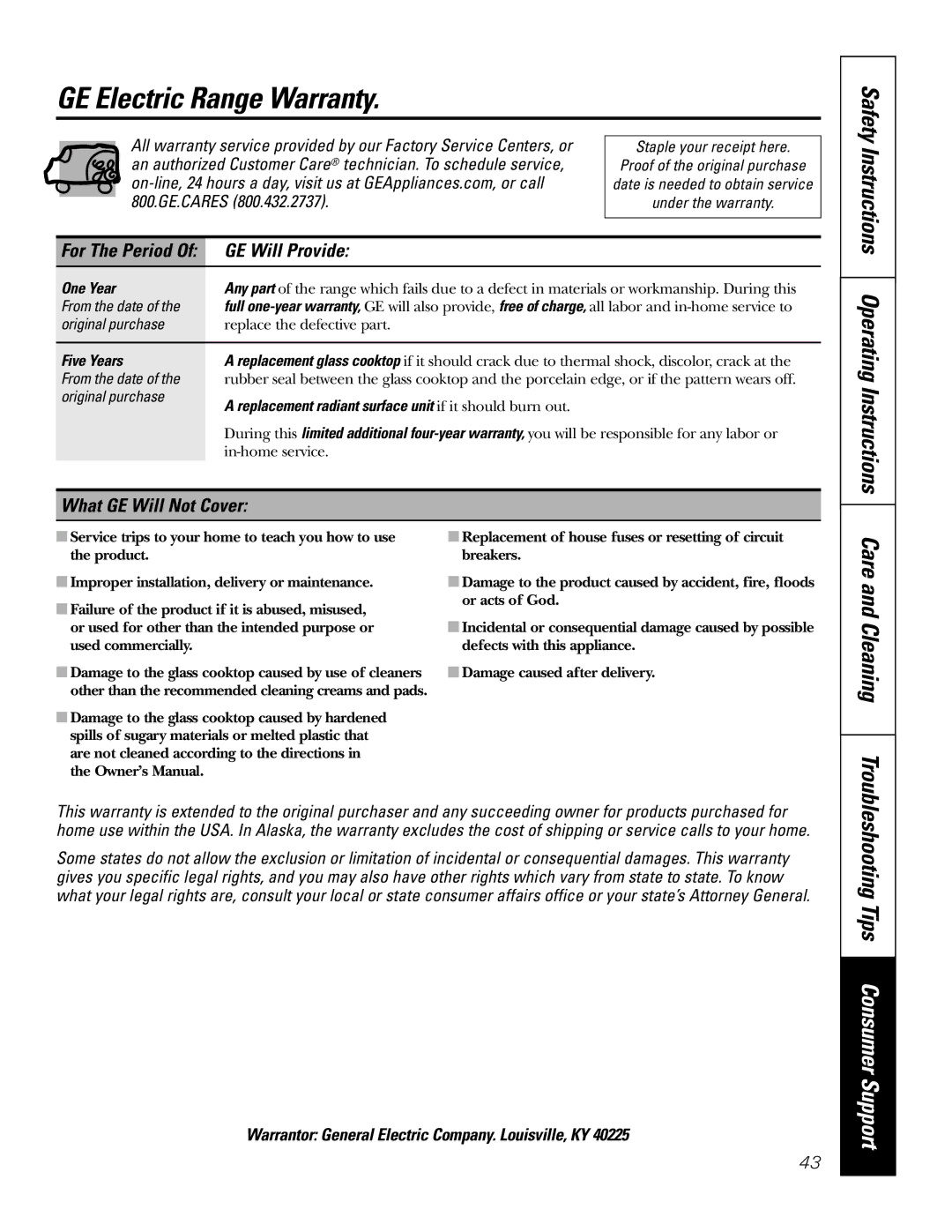 GE JBP84 GE Electric Range Warranty, Safety Instructions Operating Instructions, Troubleshooting Tips Consumer Support 