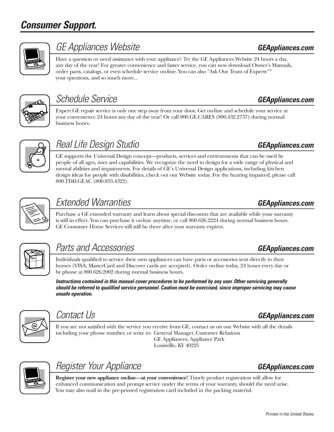 GE JBP84 Consumer Support GE Appliances Website, Schedule Service, Real Life Design Studio, Extended Warranties 