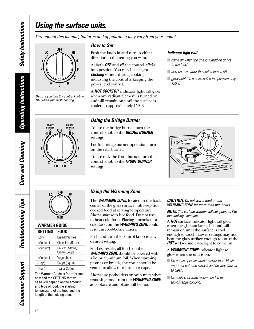 GE JBP84 owner manual Using the surface units, Instructions, Care and Cleaning, Consumer Support Troubleshooting Tips 