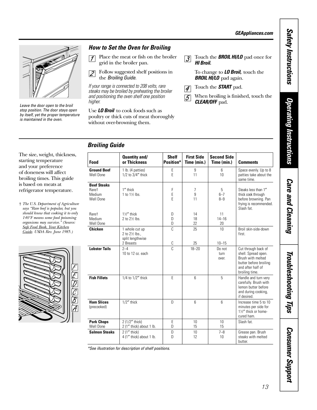 GE JBP84 owner manual Instructions Operating, How to Set the Oven for Broiling, Safety, the Broiling Guide 