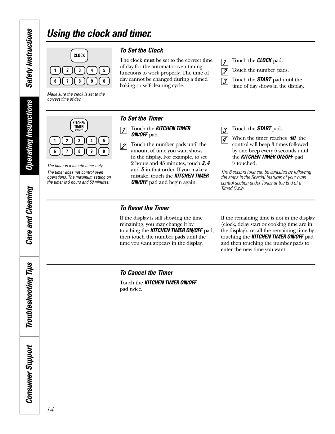 GE JBP84 owner manual Using the clock and timer, Safety, Tips Care and, Consumer Support Troubleshooting, To Set the Clock 