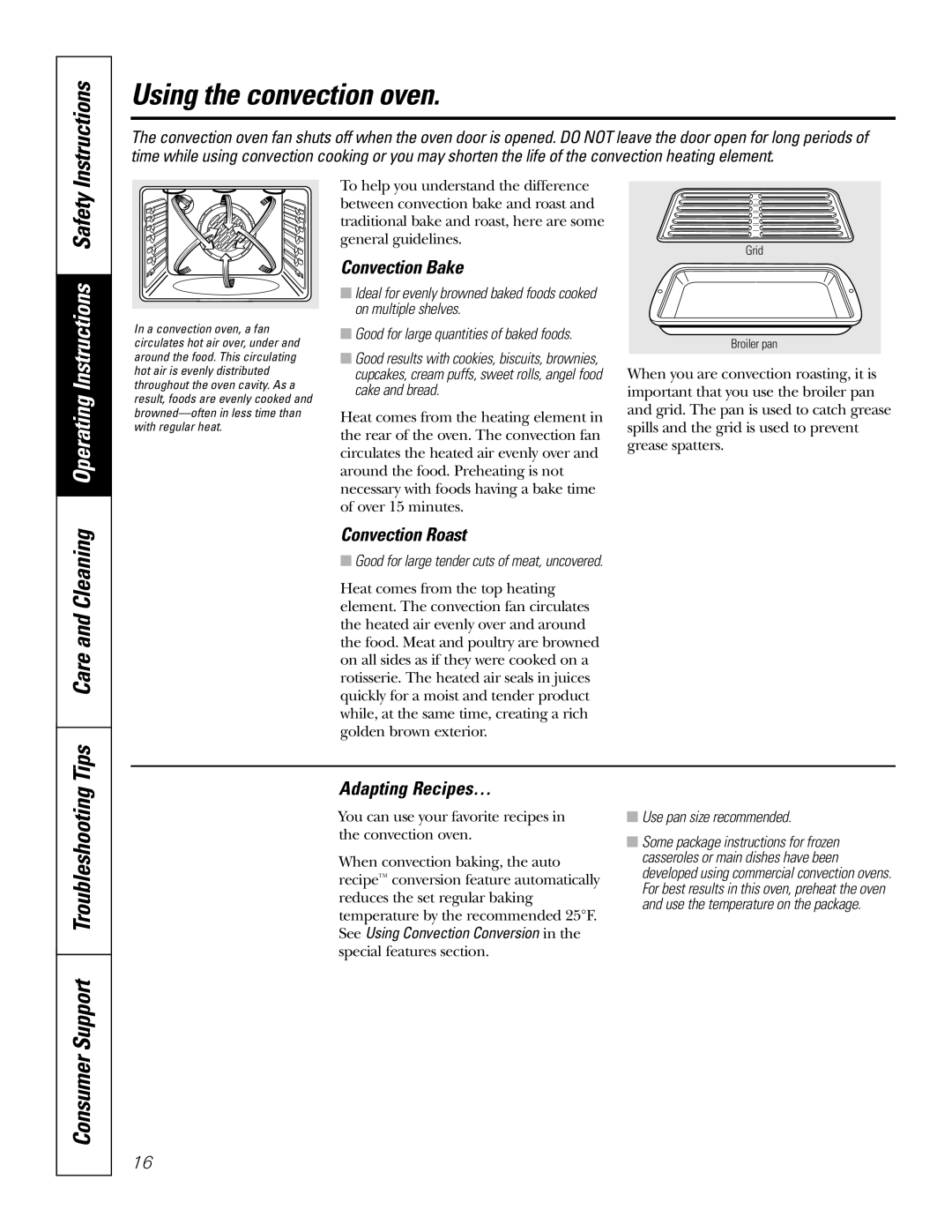 GE JBP84 owner manual Using the convection oven, Tips Care and Cleaning, Operating Instructions Safety, Convection Bake 