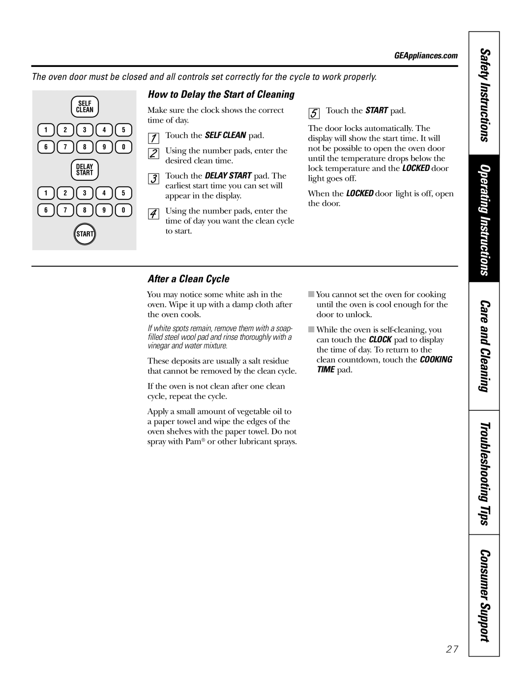 GE JBP84 owner manual Instructions Operating Instructions, After a Clean Cycle, How to Delay the Start of Cleaning, Safety 