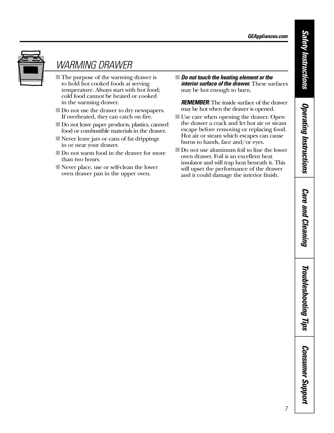 GE JBP84 owner manual Warming Drawer, Safety Instructions 