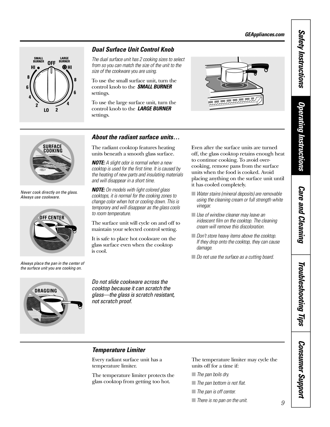 GE JBP84 Safety Instructions Operating, Instructions Care and Cleaning, Troubleshooting Tips, Temperature Limiter 