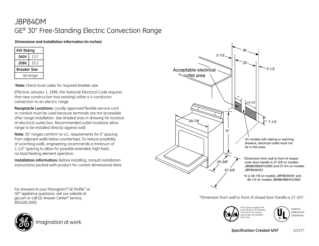 GE JBP84DM installation instructions GE 30 Free-Standing Electric Convection Range, Acceptable electrical Outlet area 