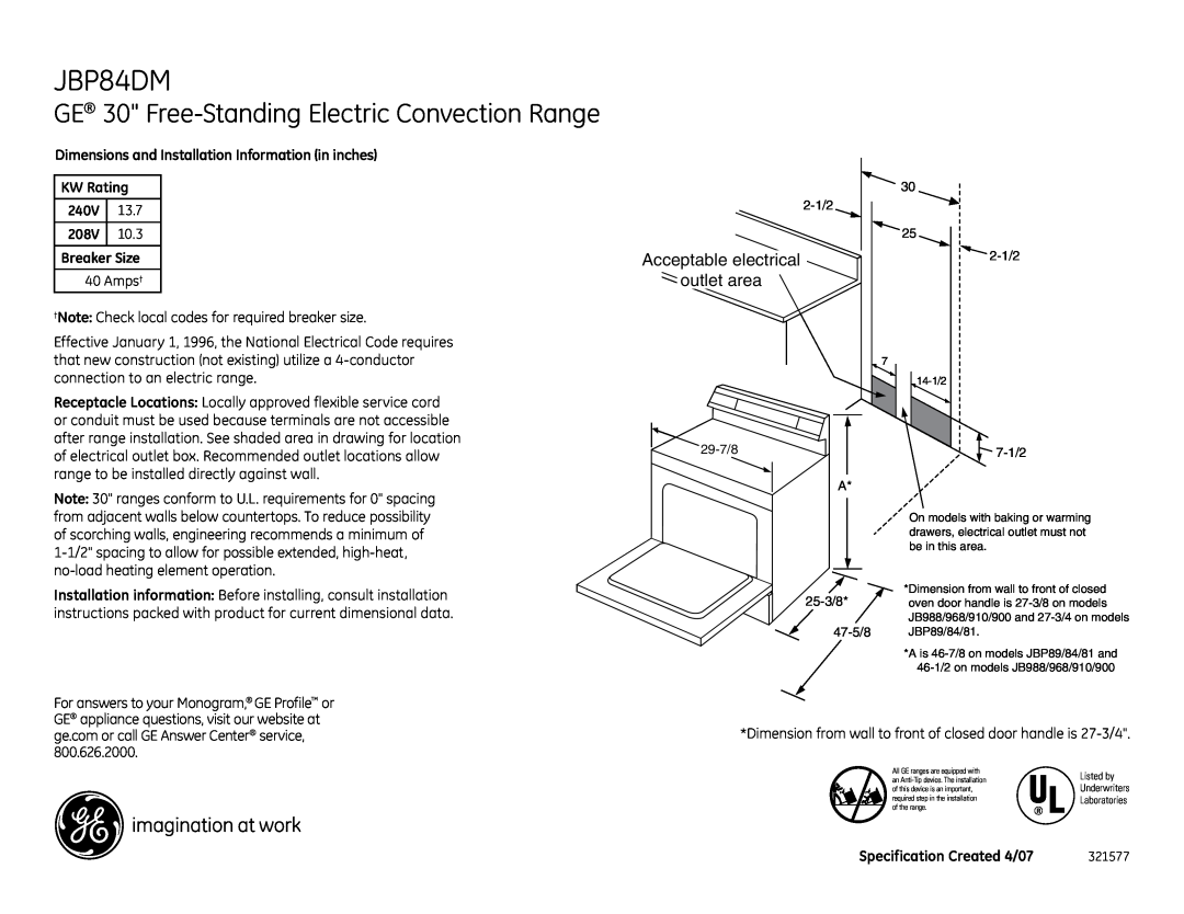 GE JBP84DM installation instructions GE 30 Free-StandingElectric Convection Range, Acceptable electrical, outlet area 