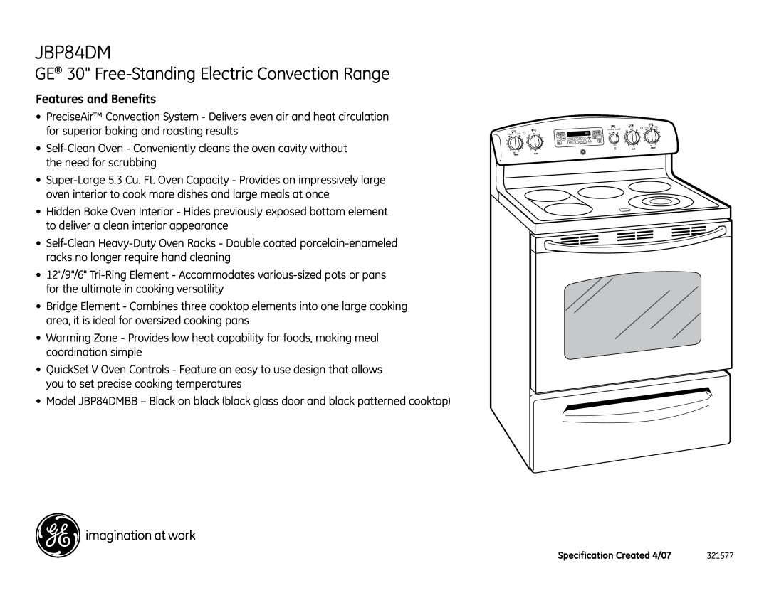 GE JBP84DM installation instructions GE 30 Free-StandingElectric Convection Range, Features and Benefits 