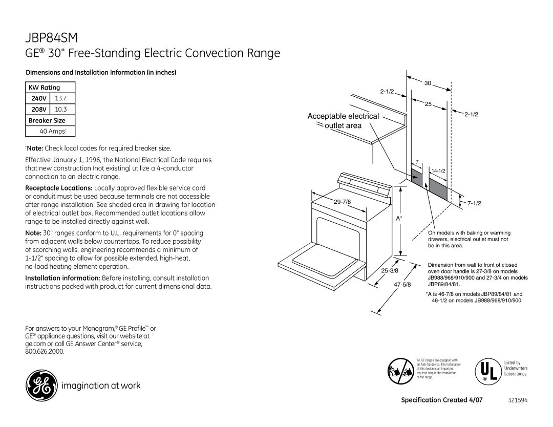 GE JBP84SM installation instructions GE 30 Free-Standing Electric Convection Range, Acceptable electrical Outlet area 