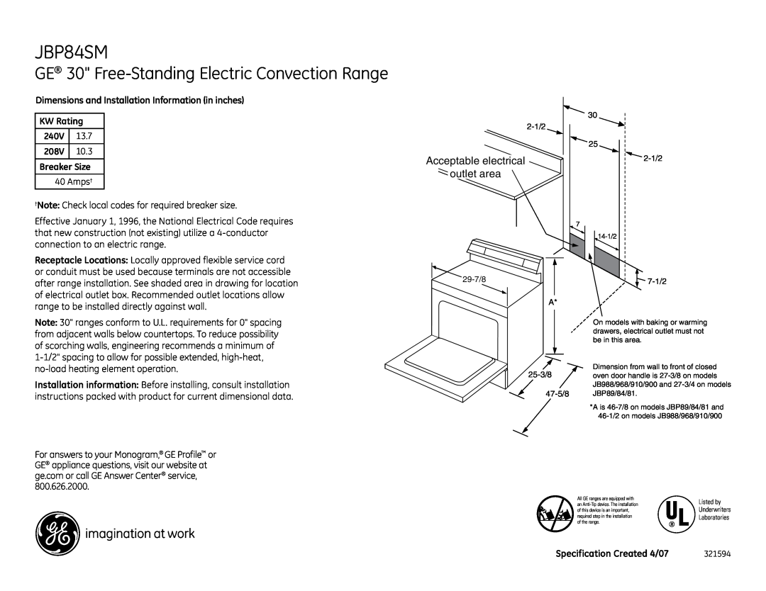 GE JBP84SM installation instructions GE 30 Free-StandingElectric Convection Range, Acceptable electrical, outlet area 
