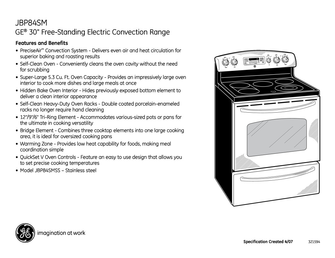 GE JBP84SM installation instructions GE 30 Free-StandingElectric Convection Range, Features and Benefits 