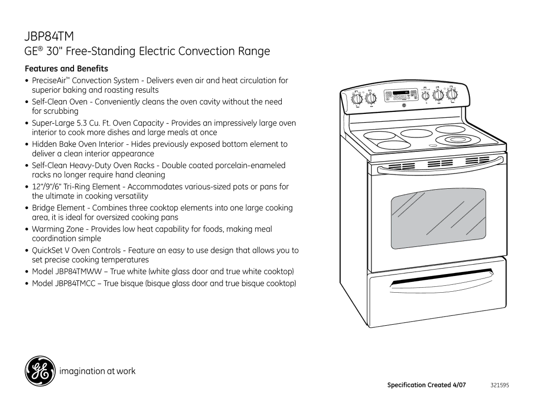 GE JBP84TM installation instructions GE 30 Free-Standing Electric Convection Range, Features and Benefits 