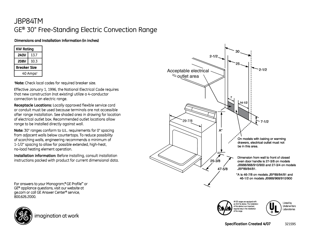 GE JBP84TM installation instructions GE 30 Free-StandingElectric Convection Range, outlet area, Acceptable electrical 