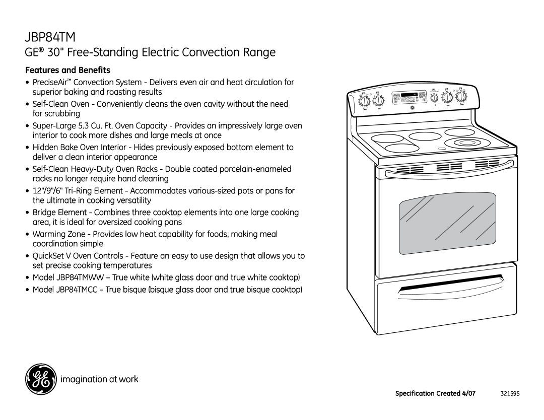 GE JBP84TM installation instructions GE 30 Free-StandingElectric Convection Range, Features and Benefits 