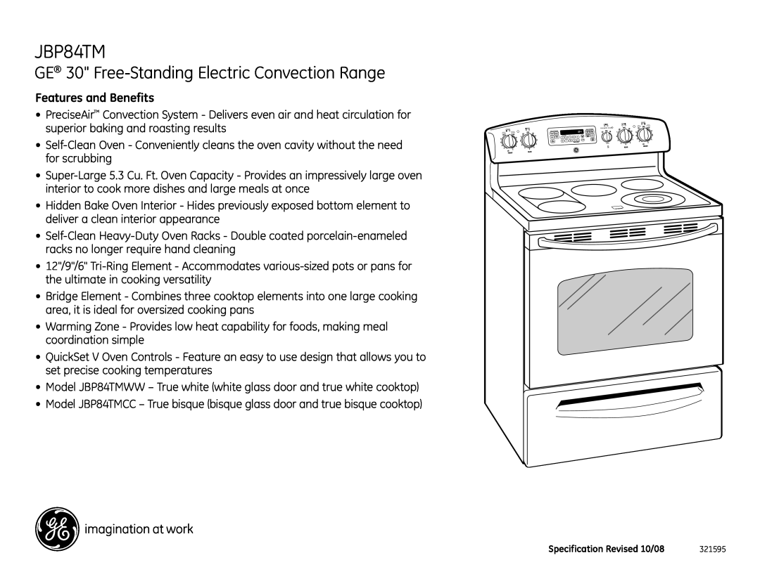 GE JBP84TMCC, JBP84TMWW dimensions GE 30 Free-StandingElectric Convection Range, Features and Benefits, Warming Zone Med 