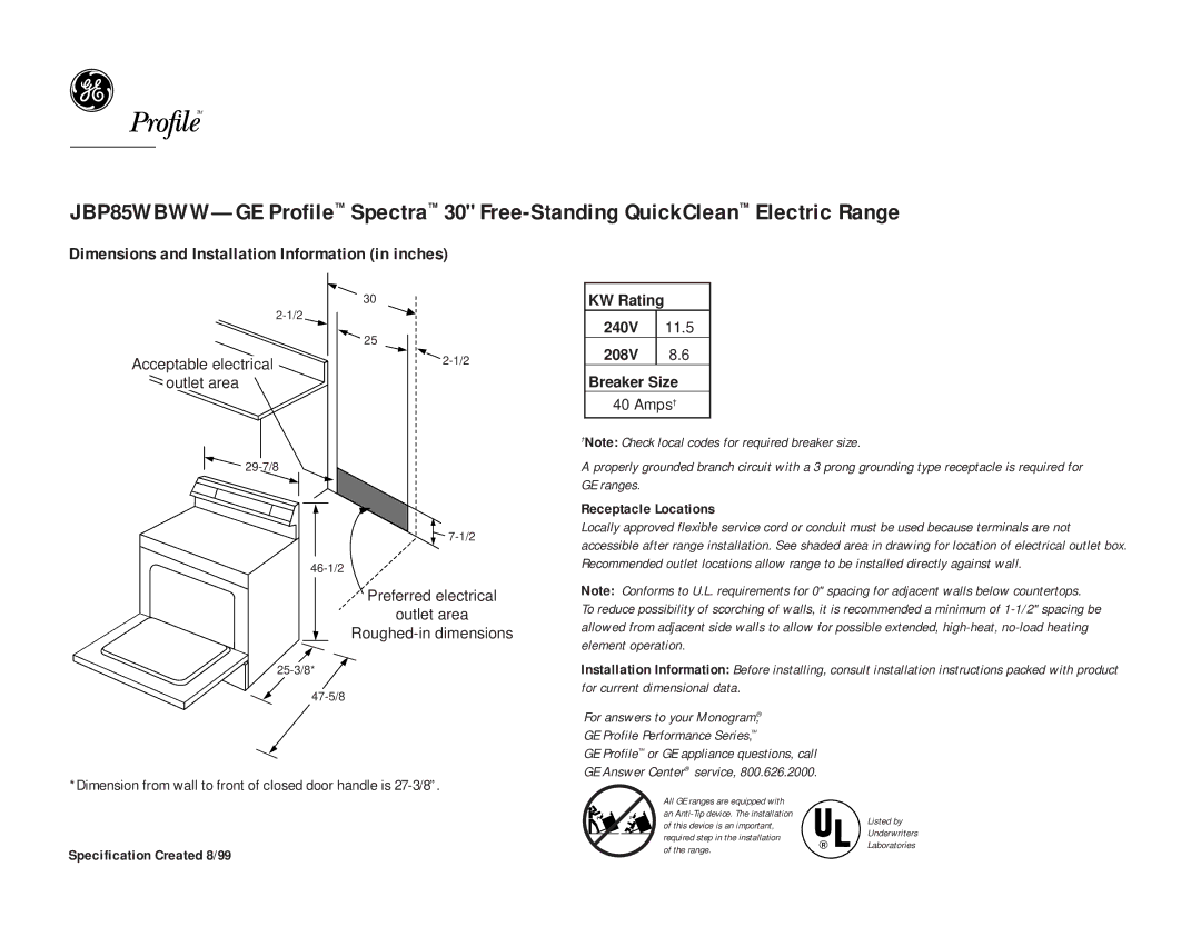 GE JBP85BBBB, JBP85CBCC, JBP85WBWW dimensions Dimensions and Installation Information in inches, Receptacle Locations 