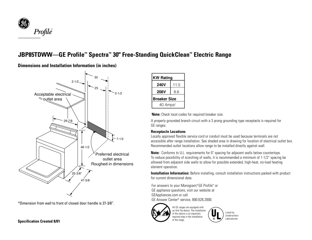 GE JBP85TDWW, JBP85KDCC dimensions Dimensions and Installation Information in inches, Receptacle Locations 