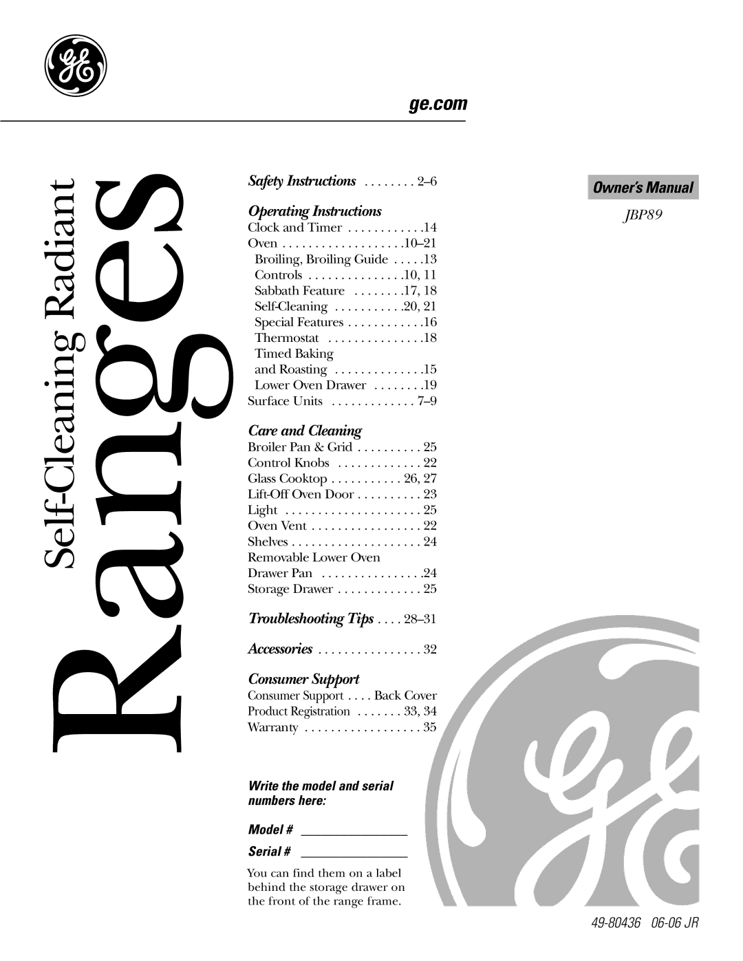 GE JBP89 owner manual RangesSelf-Cleaning Radiant, Write the model and serial numbers here Model # Serial # 