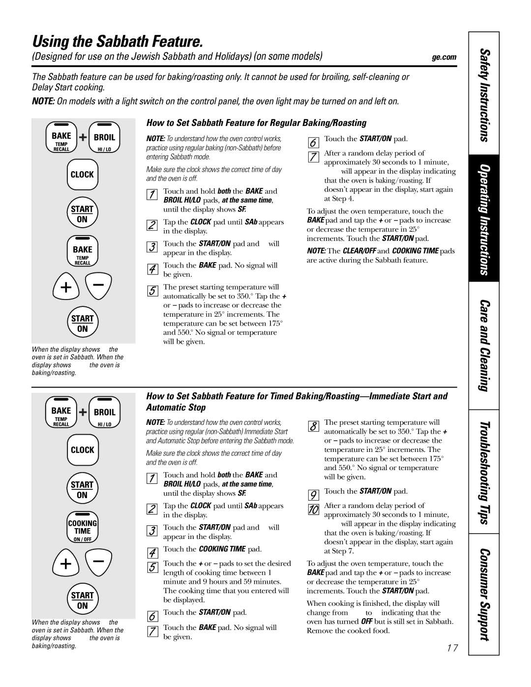 GE JBP89 owner manual Using the Sabbath Feature, Operating Instructions Care and Cleaning 