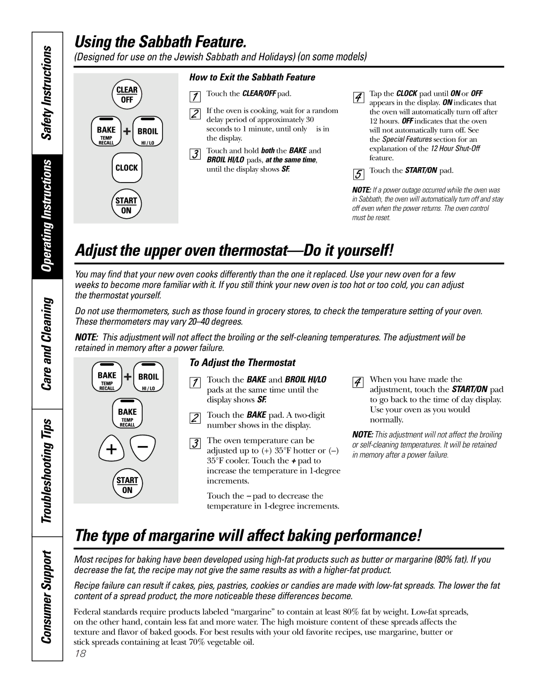 GE JBP89 Type of margarine will affect baking performance, To Adjust the Thermostat, How to Exit the Sabbath Feature 