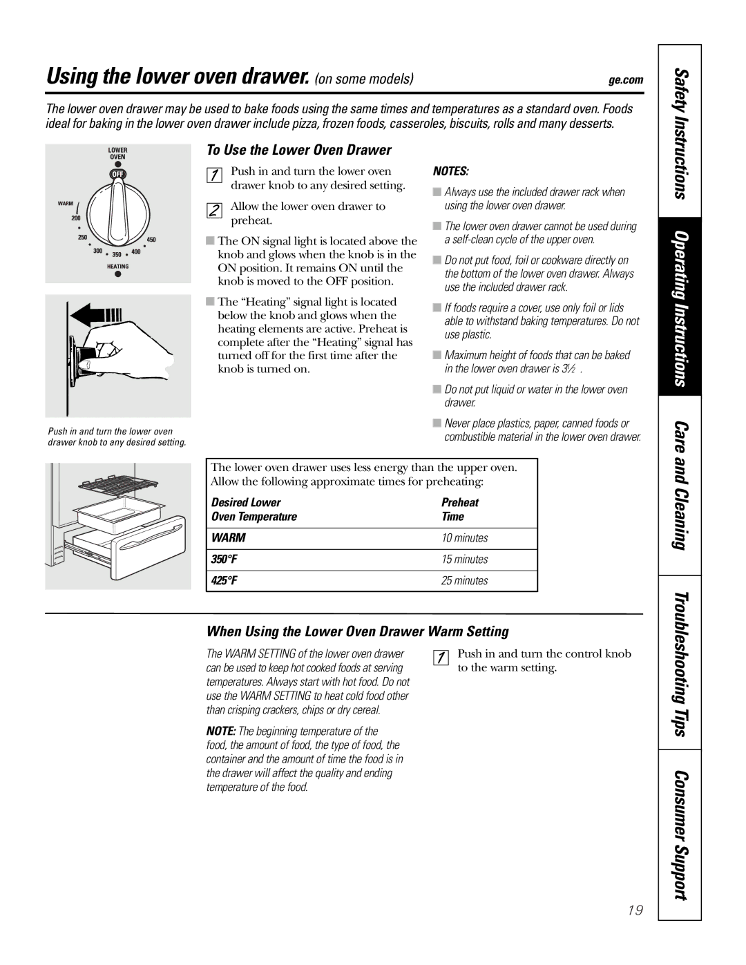 GE JBP89 owner manual Using the lower oven drawer. on some models, Tips Consumer Support, To Use the Lower Oven Drawer 