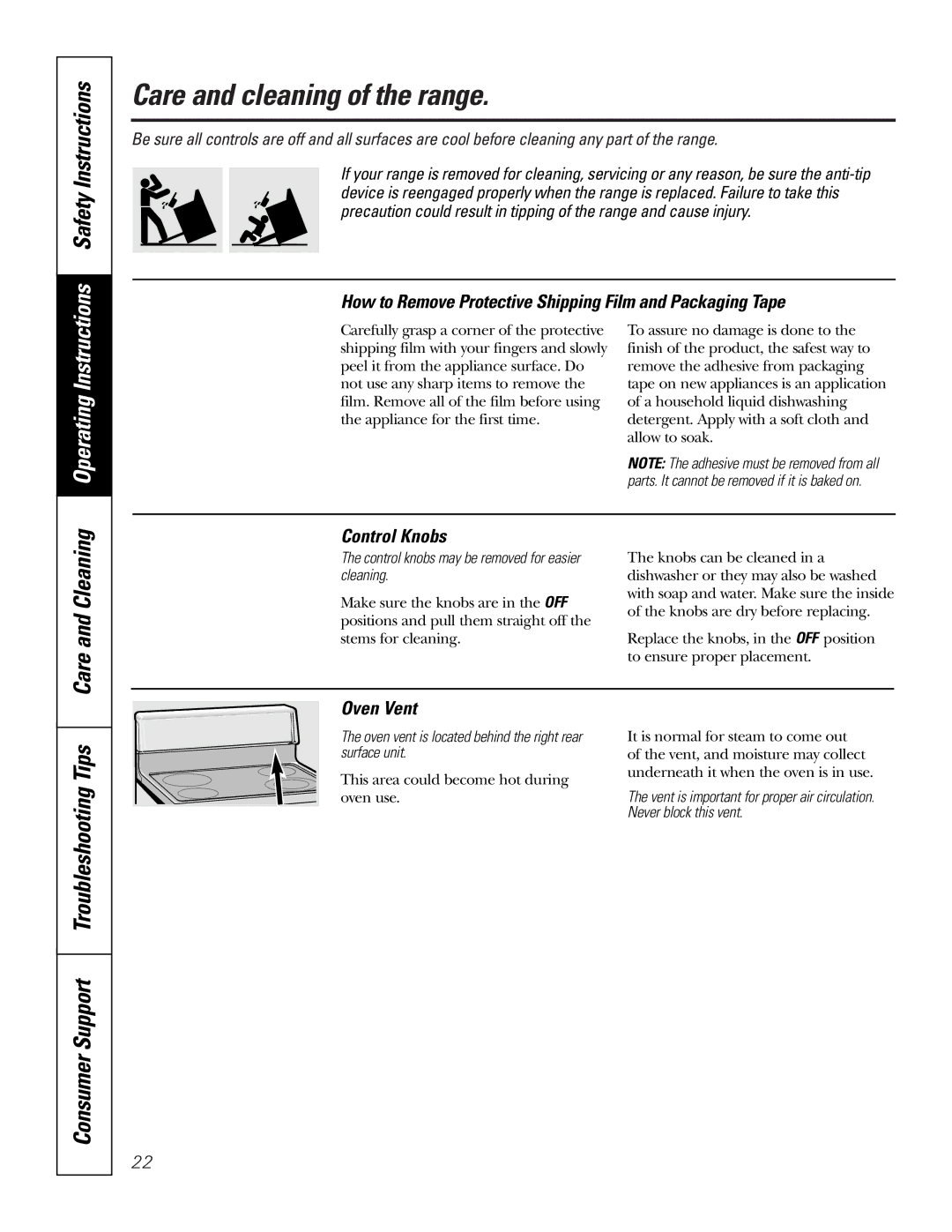 GE JBP89 owner manual How to Remove Protective Shipping Film and Packaging Tape, Control Knobs, Oven Vent 