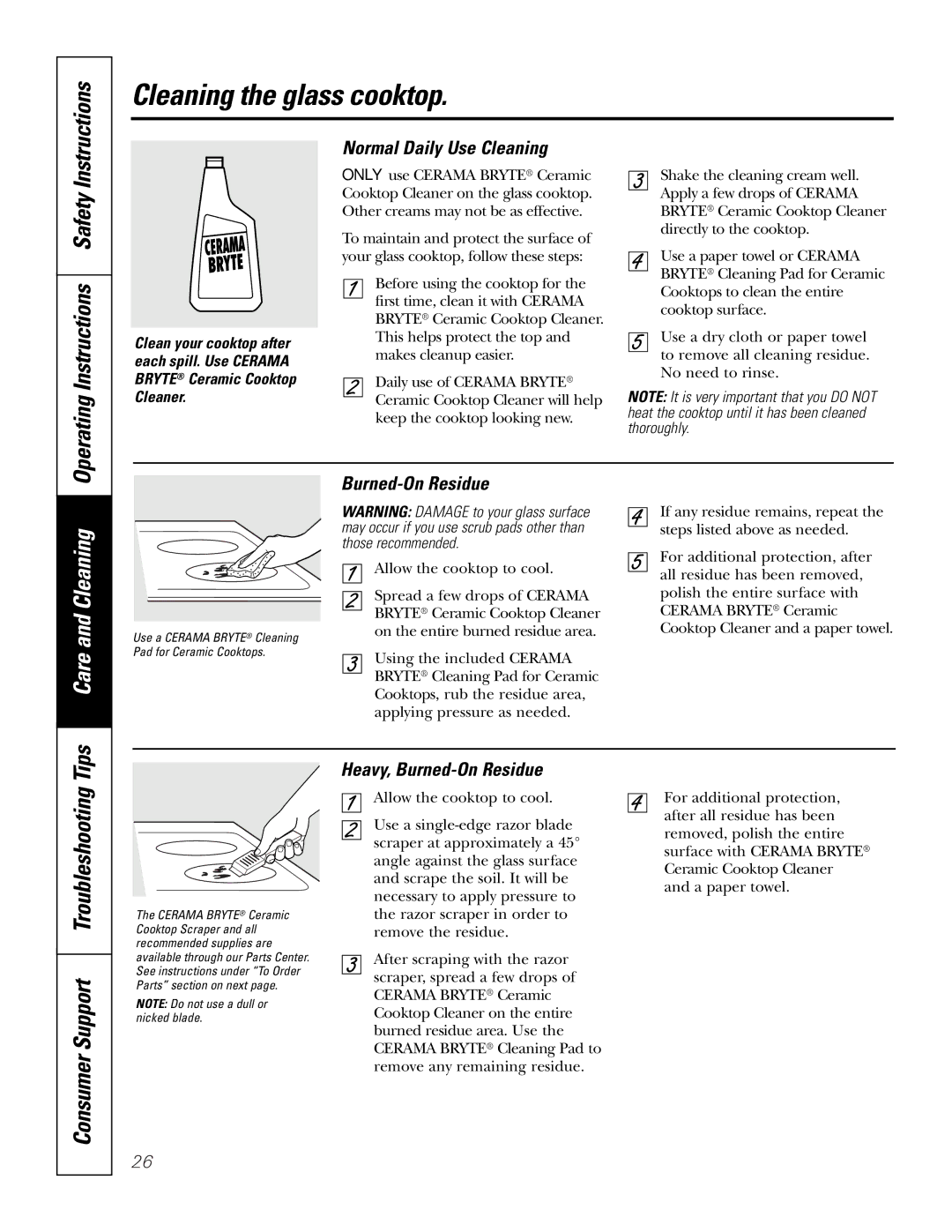 GE JBP89 Cleaning the glass cooktop, Operating Instructions Safety, Normal Daily Use Cleaning, Burned-On Residue 