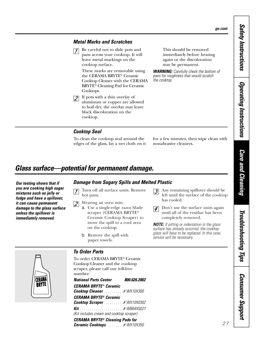 GE JBP89 owner manual Metal Marks and Scratches, Cooktop Seal, Damage from Sugary Spills and Melted Plastic, To Order Parts 
