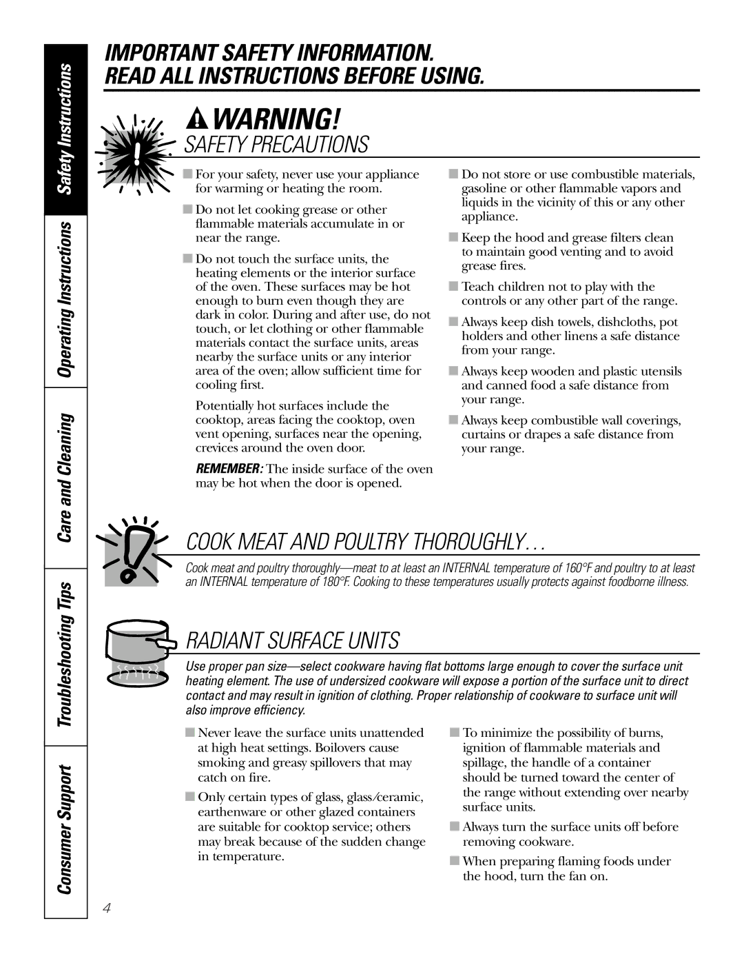 GE JBP89 owner manual Consumer Support, Cleaning Operating Instructions Safety, Troubleshooting Tips Care 