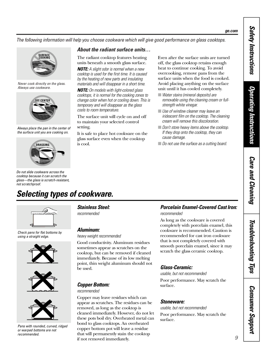 GE JBP89 owner manual Selecting types of cookware, Safety, Troubleshooting Tips Consumer Support 