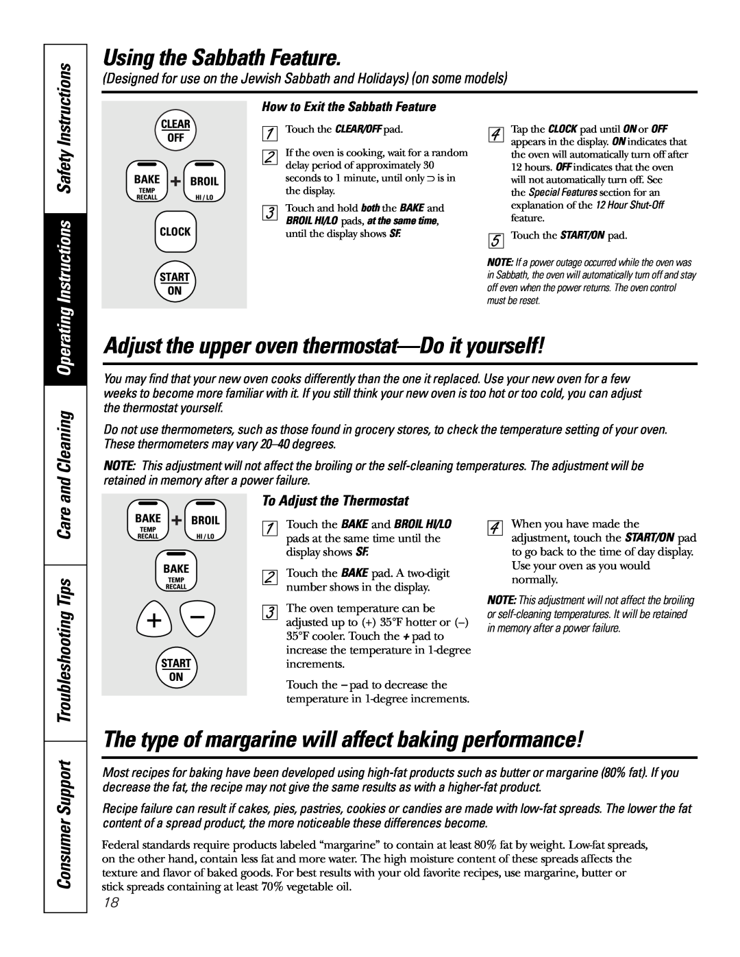 GE JBP89 owner manual To Adjust the Thermostat, Using the Sabbath Feature, Consumer Support 