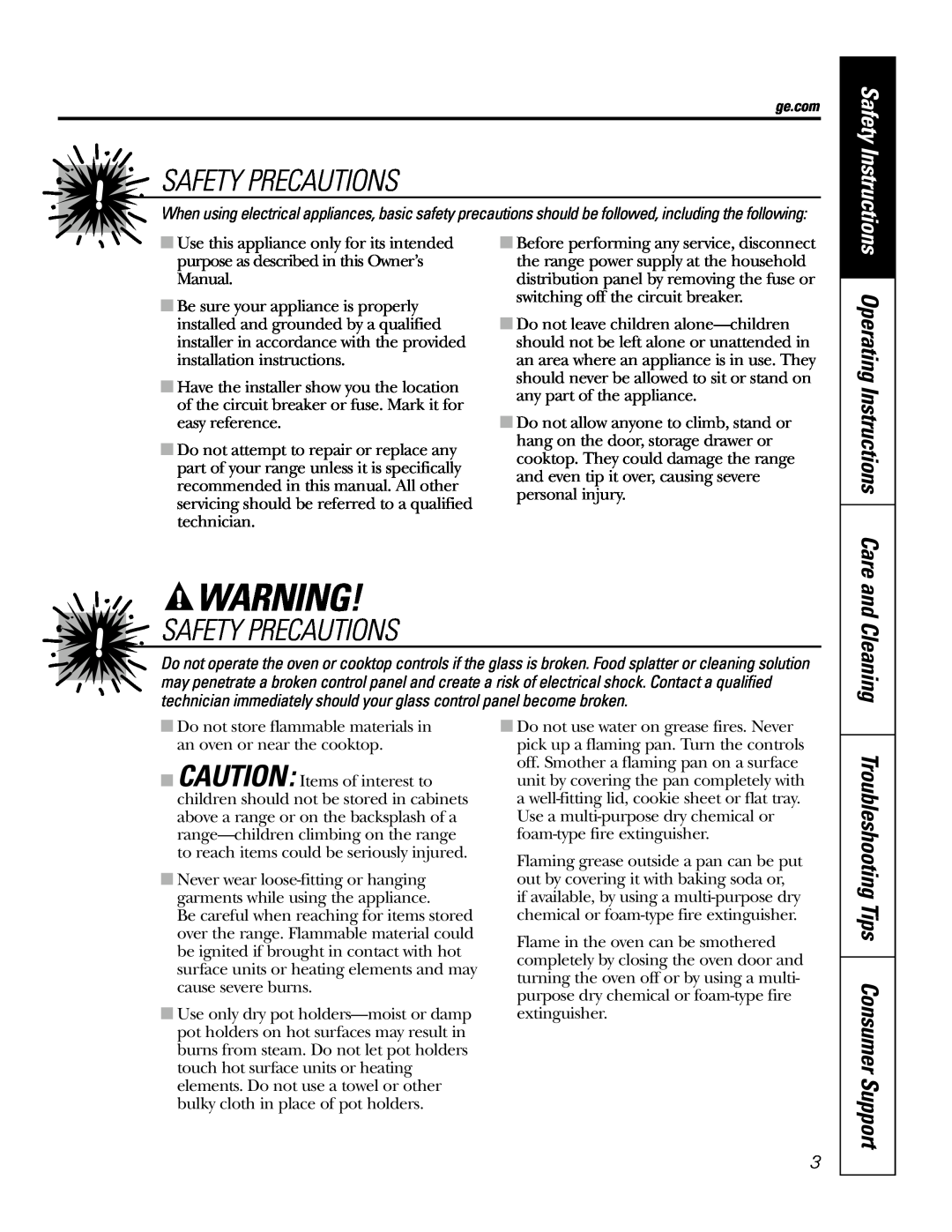 GE JBP89 owner manual Safety Precautions, Troubleshooting Tips Consumer Support 