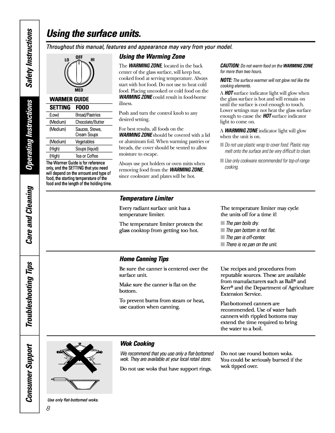 GE JBP89 Operating Instructions Safety, Troubleshooting Tips, Consumer Support, Care and Cleaning, Temperature Limiter 