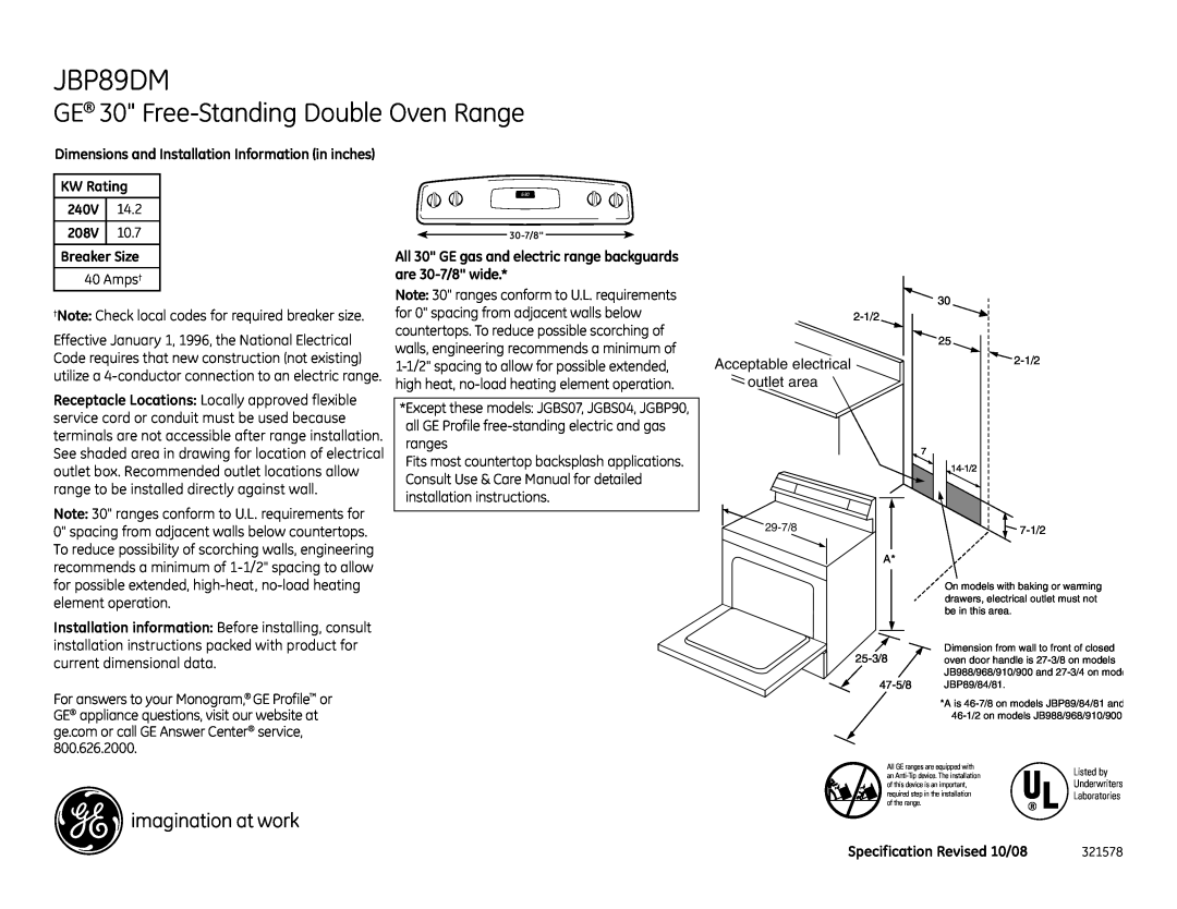 GE JBP89DM dimensions GE 30 Free-StandingDouble Oven Range, KW Rating, 240V, 14.2, 208V, 10.7, Breaker Size 