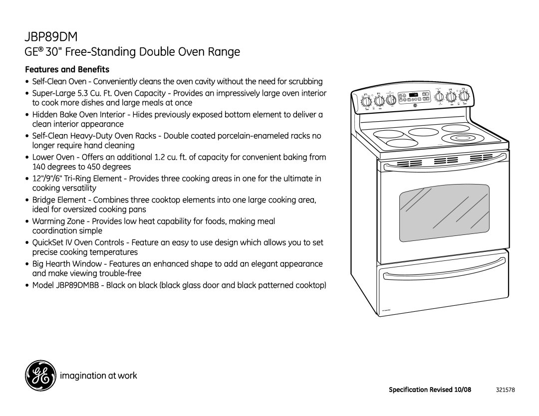 GE JBP89DM dimensions GE 30 Free-StandingDouble Oven Range, Features and Benefits 