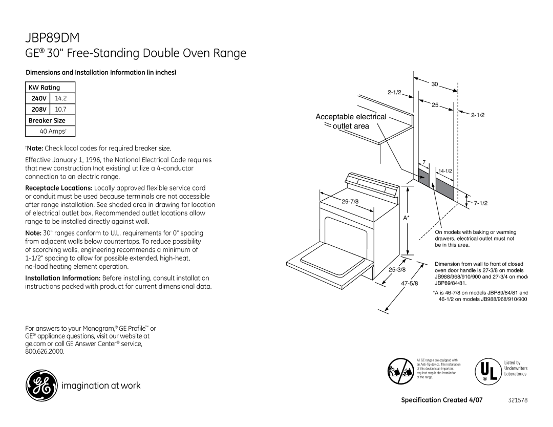 GE JBP89DMBB dimensions GE 30 Free-Standing Double Oven Range, Acceptable electrical Outlet area 