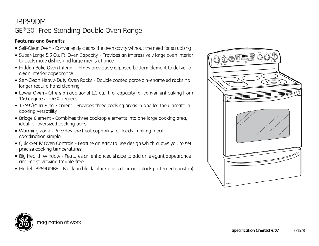 GE JBP89DMBB dimensions Features and Benefits 