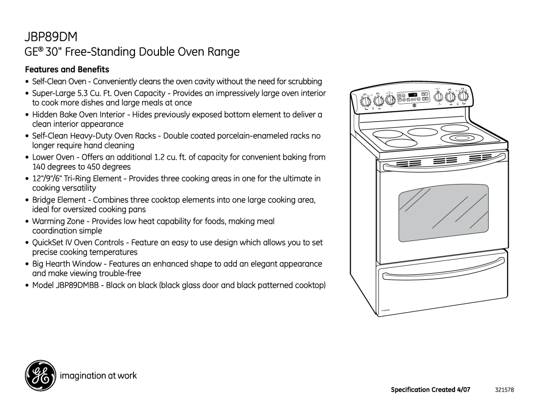 GE JBP89DMBB dimensions GE 30 Free-StandingDouble Oven Range, Features and Benefits 
