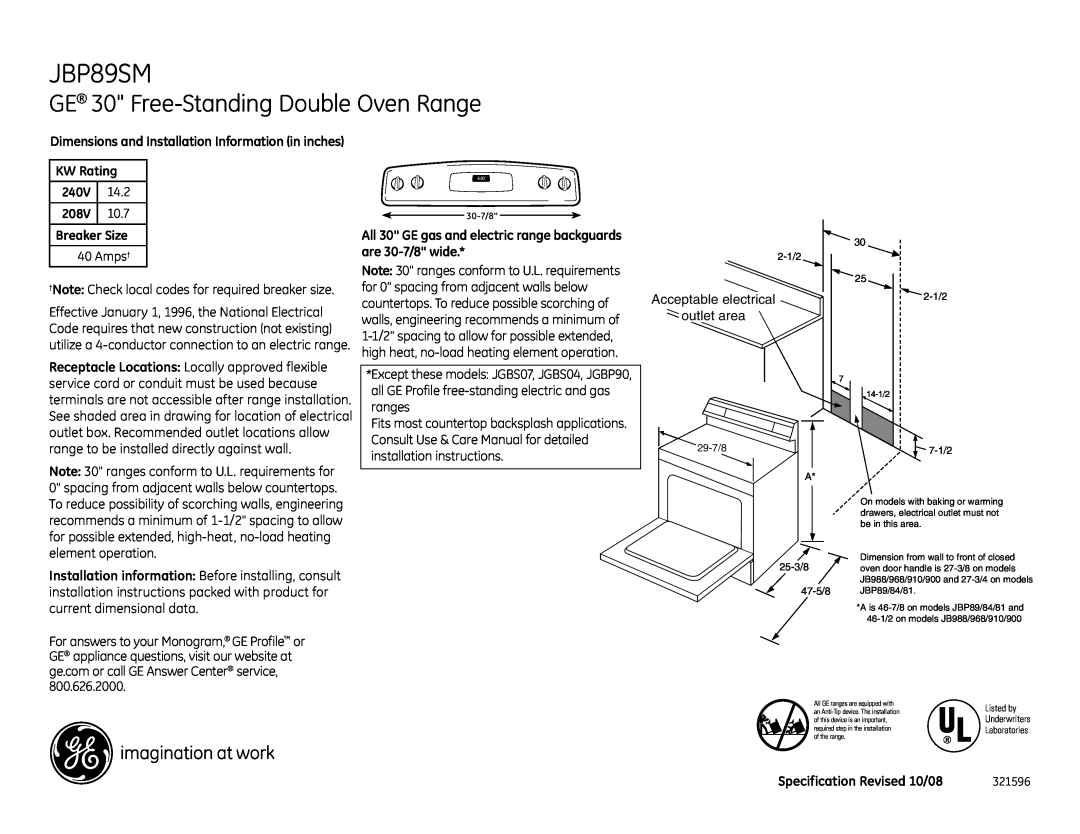 GE JBP89SM dimensions GE 30 Free-StandingDouble Oven Range, KW Rating, 240V, 14.2, 208V, 10.7, Breaker Size 